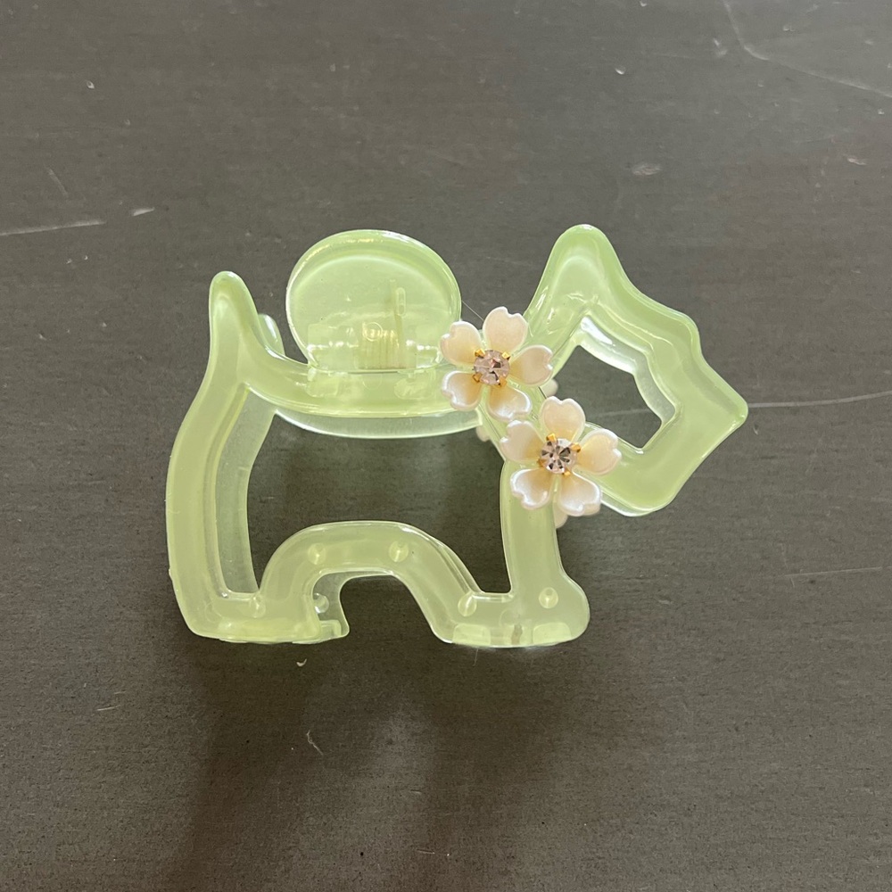 Green Dog Scottie Puppy Mother Pearl Flower Rhinestone 3" Lobster Claw Hair Clip